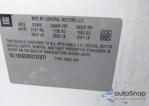 2015 Chevrolet Impala 2Lz из США, поврежденный, VIN 1G1165S32FU137877